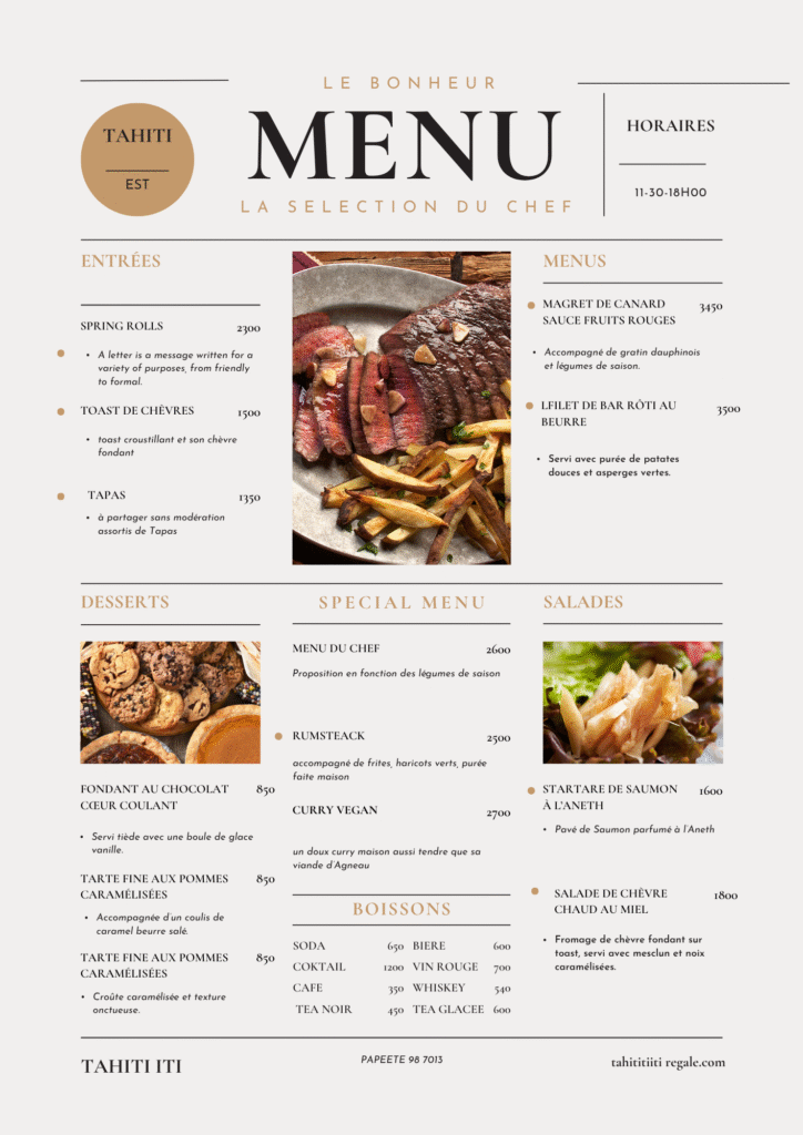 Impression de Menus restauration chez Aprp reprographie Papeete Tahiti